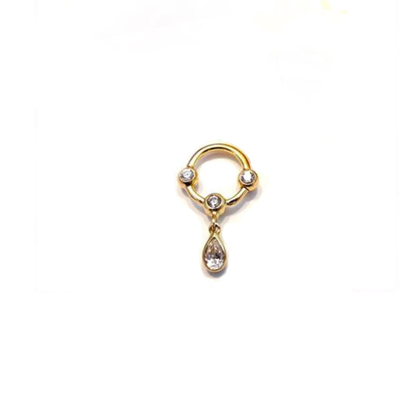 Goldener Piercing Ring für Klitorisvorhaut Piercing mit 3 Zirkonia und Tropfen Anhänger in 18 kt Gelb/Weiß oder Rosé Gold