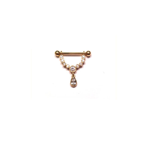 Goldenes Brustwarzenpiercing "Glitzerbügel mit Anhänger Tropfen" in 18 kt Gelbgold/Weißgold/Rosé Gold