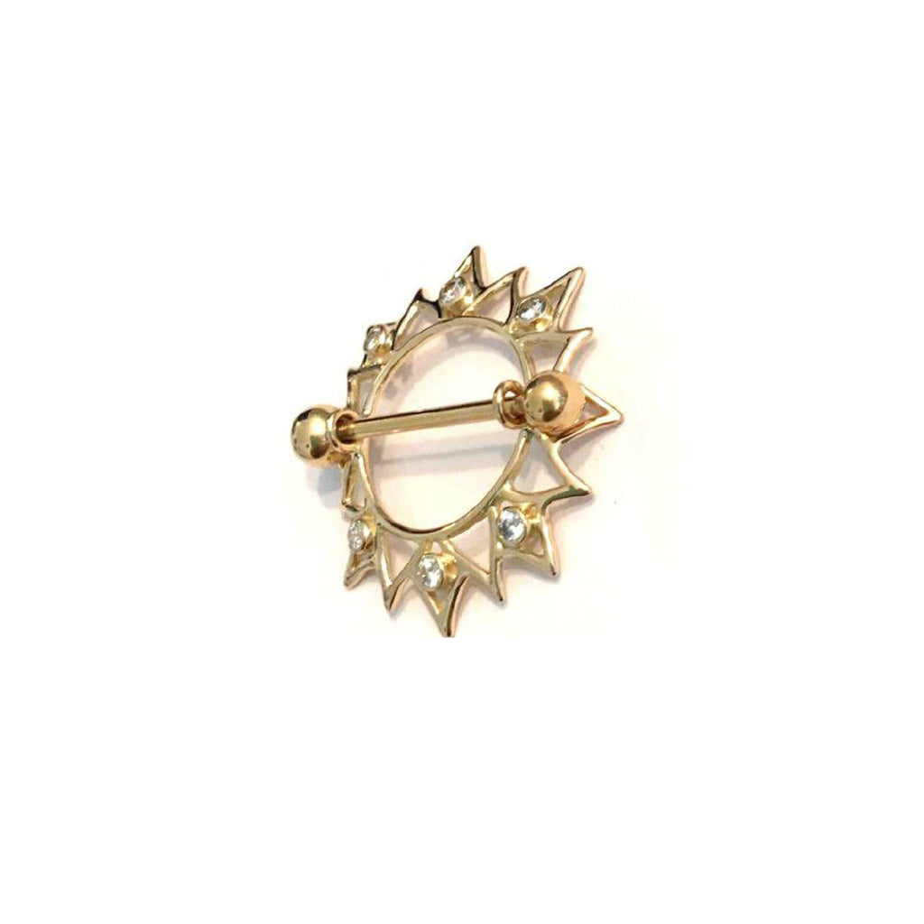 Goldenes Brustwarzenschild Sonne 16-zackig mit 6 Zirkonia in 18 kt Gelb/Weiß/Rosé Gold