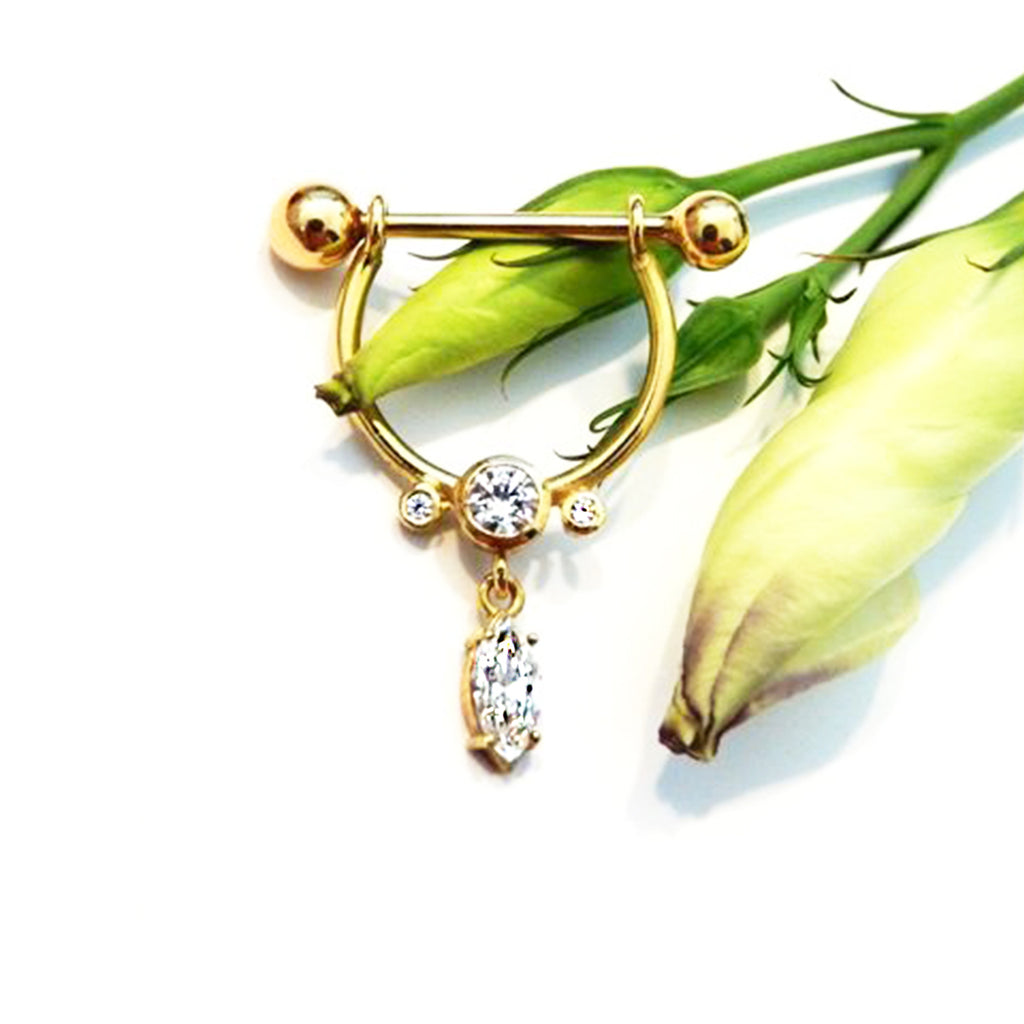 Goldenes Brustwarzenpiercing Brustwarzenbügel / Nippel Piercing „Navette“ in 18 kt Gelbgold / Weißgold / Rosé Gold