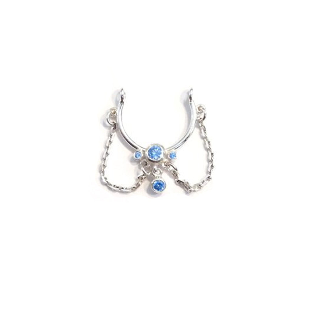 Goldenes Nippelpiercing / Brustwarzenpiercing Bügel mit Ketten „Chain“ in 18 kt  Weißgold -mit-hellblauem-Swarovskizirkonia