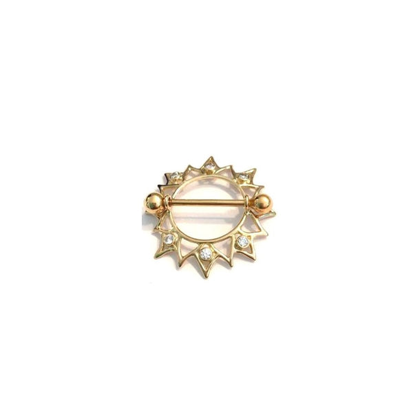 Body Gold Piercingschmuck Intim/Brustschmuck Goldenes Brustwarzenschild Sonne 16-zackig mit 6 Zirkonia  in 18 kt Gelb/Weiß/Rosé Gold