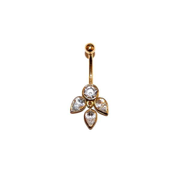 Gelbgoldenes Bauchnabelpiercing mit 4 Zirkonia, davon 3 NavetteSteinchen, auch baumelnd