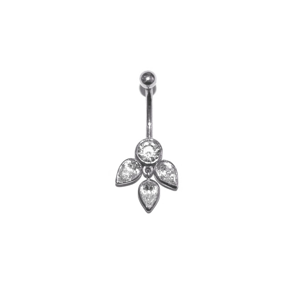Weißgoldenes Bauchnabelpiercing mit 4 Zirkonia 