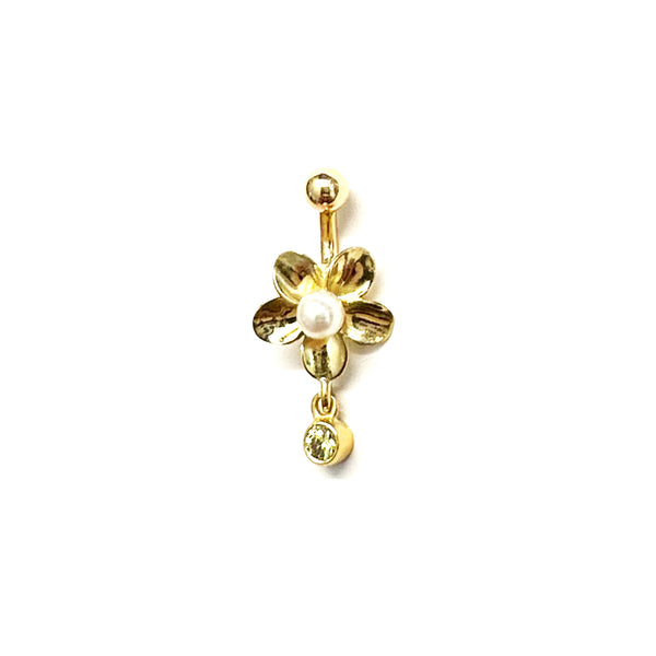 Goldenes Bauchnabelpiercing „Plumeria“ mit Perle und Glitzeranhänger in Gelbgold 18 kt