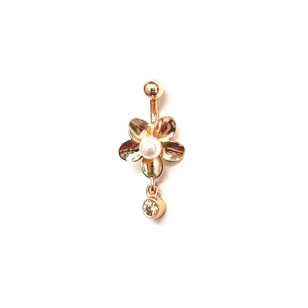 Goldenes Bauchnabelpiercing „Plumeria“ mit Perle und Glitzeranhänger in Rosé Gold 18 kt